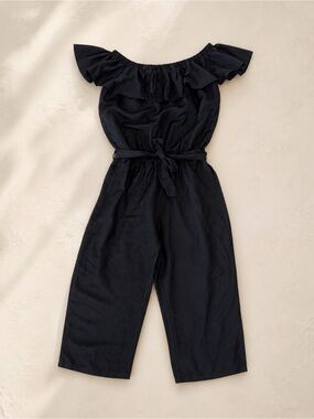 Tommy Bahama Black Off Shoulder Linen Blend Jumpsuit Ruffle Tie Waist Size Small